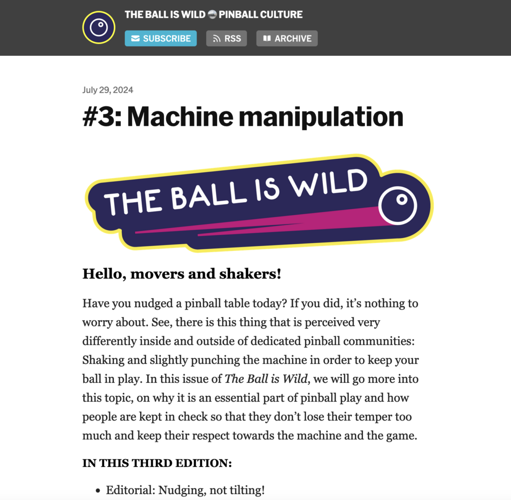 Screenshot of the third issue of pinball culture newsletter The Ball is Wild.