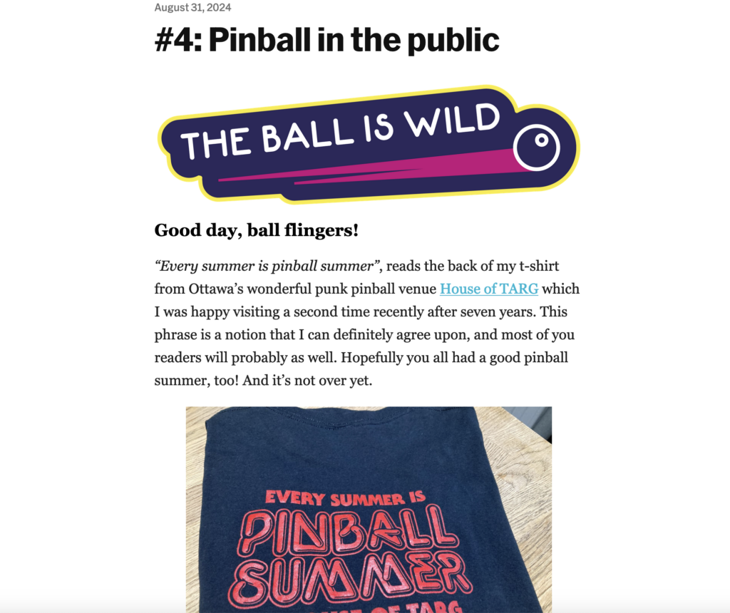 Screenshot of the first page of the newest The Ball is Wild pinball culture newsletter, issue #4.